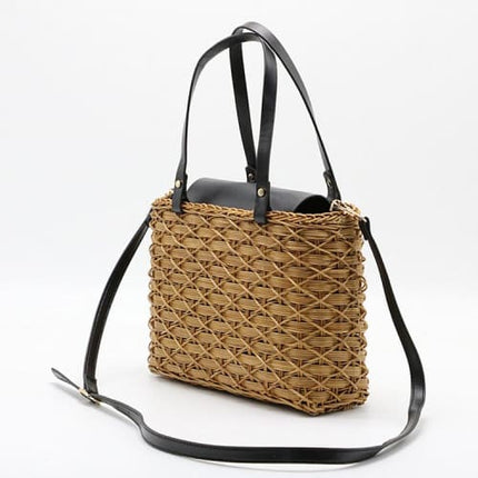 Sac A Main En Rotin Et Cuir Khaki Sac