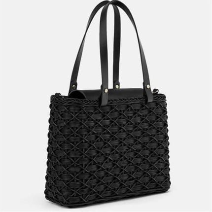 Sac A Main En Rotin Et Cuir Noir Sac