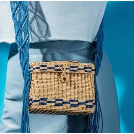 Sac Osier Balinais Bleu / 17X12X8Cm Sac En Osier