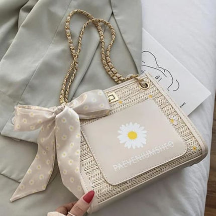Sac En Osier Fleur Beige / 19X13X20Cm Sac En Osier