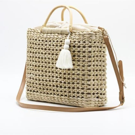 Sac En Osier Avec Pompon Beige Sac