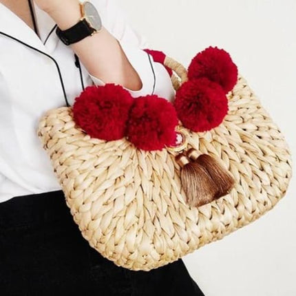 Sac En Paille Et Pompon Rouge / 30X20X16 Sac Paille