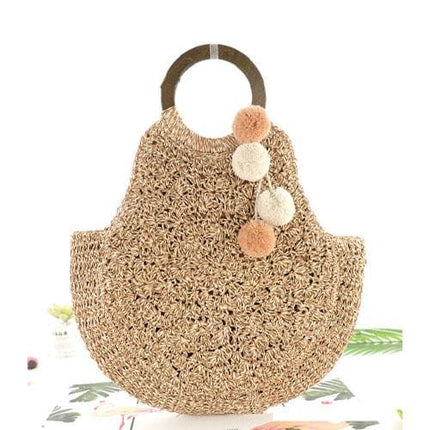 Sac De Plage En Paille Avec Pompon Brun